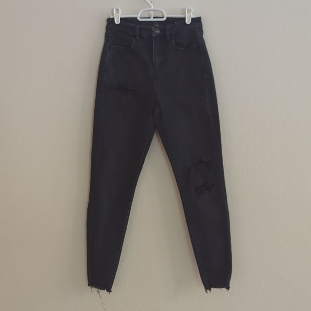 American Eagle Distressed Curvy Hi-Rise Jegging Jean Denim Skinny Black - 4